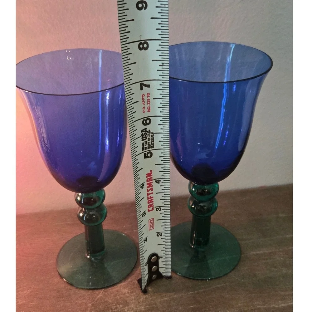 Vintage Cobalt Blue Emerald Green Art Glass Wine Goblets Pair 7.5